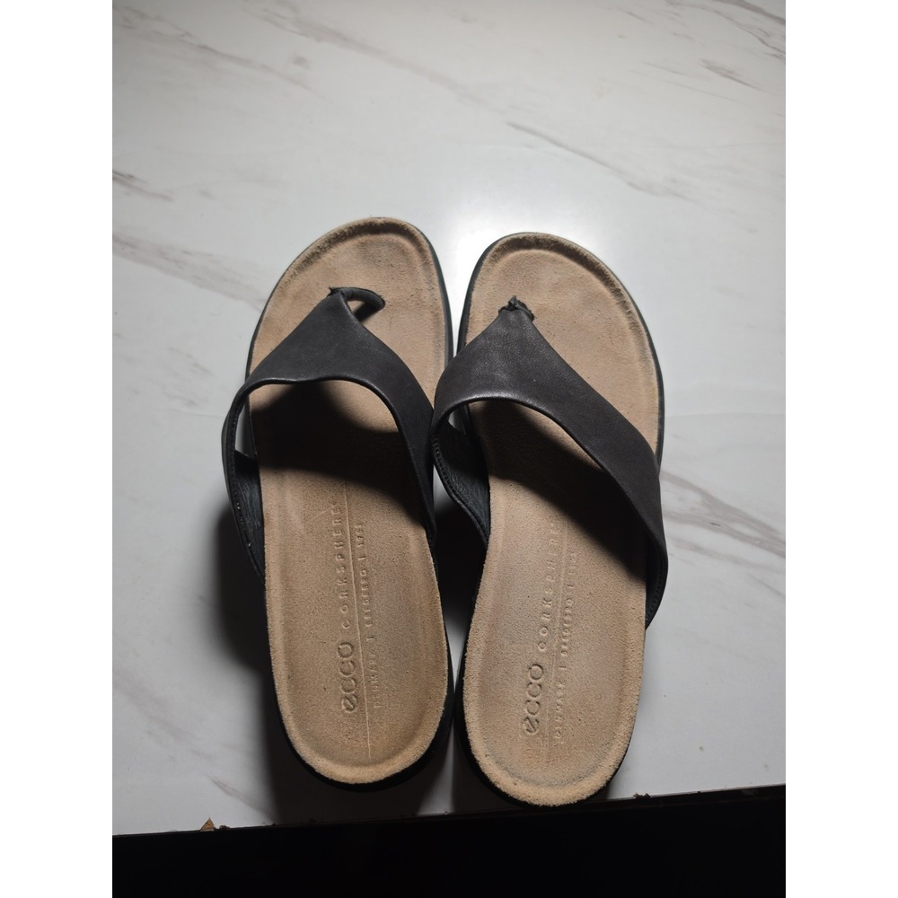 Ecco Corksphere Thong Flip Flop Sandal Size 40 Black Comfort Leather Q97